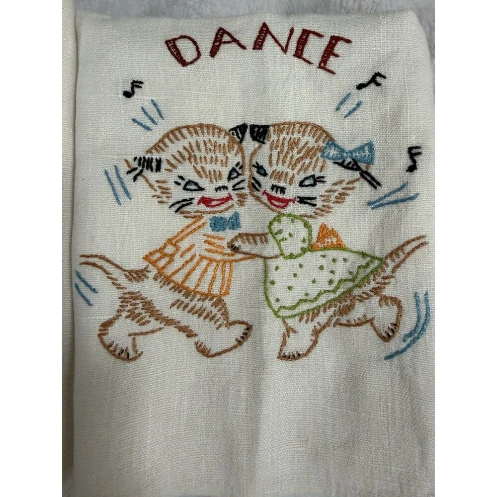 Vintage May Company Polish Embroidered Linen Tea Towels Cats Set of 3 16x25